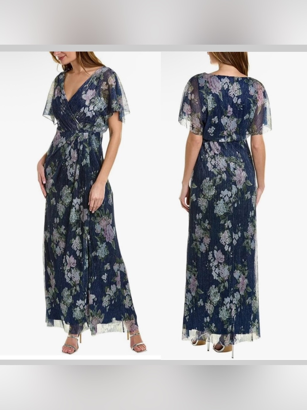 Adrianna Papell Womens Printed Metallic Mesh Flutter Sleeve Gown Size 10P NWT D2